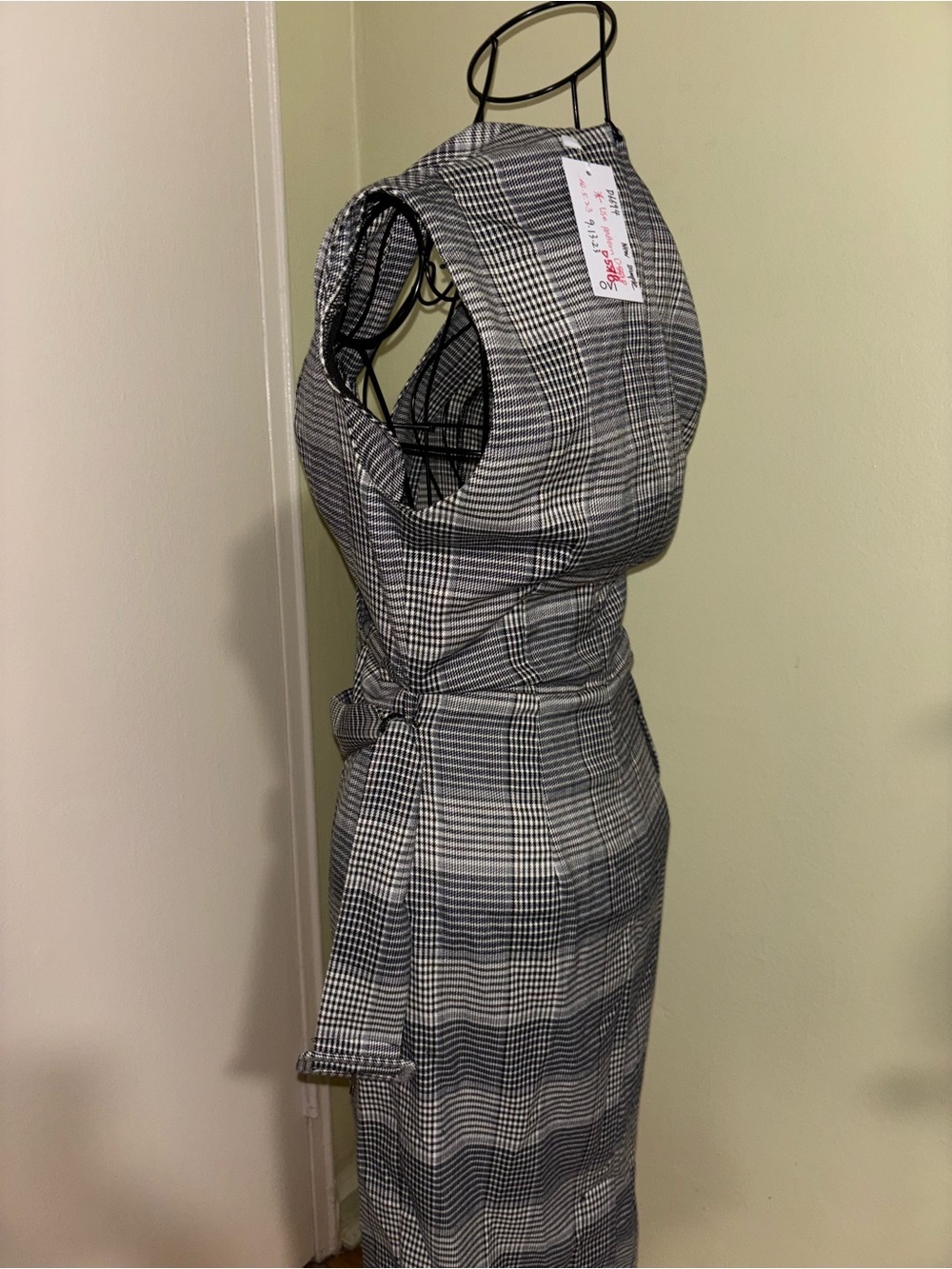 Ovi Black and White Plaid Sleeveless Wrap Dress